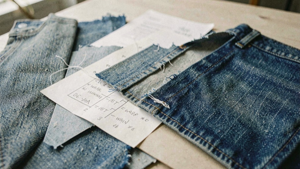 A detailed editorial still life of denim weave basics: warp, weft and twill with denim, paper and measuring marks