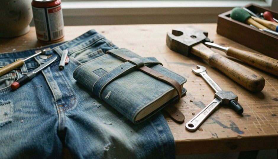 A tactile scene showing about denim field notes through denim material, tools and a quiet work surface