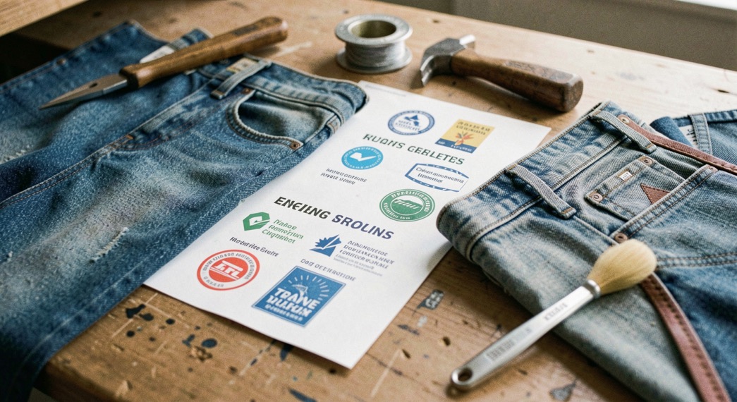 A tactile scene showing textile certifications and claims compared through denim material, tools and a quiet work surface