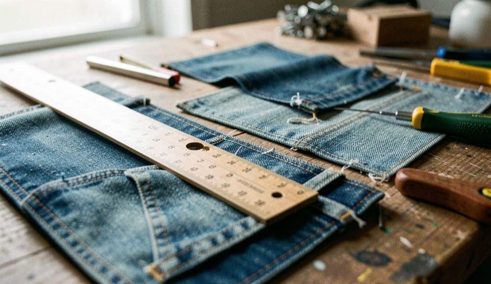 A tactile macro scene representing construction across denim swatches