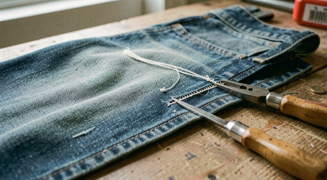 A tactile scene showing denim weave basics: warp, weft and twill through denim material, tools and a quiet work surface