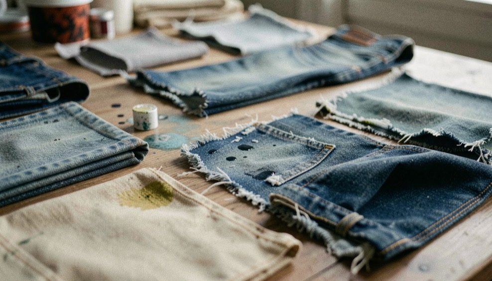 A tactile macro scene representing dyeing & finishing across denim swatches