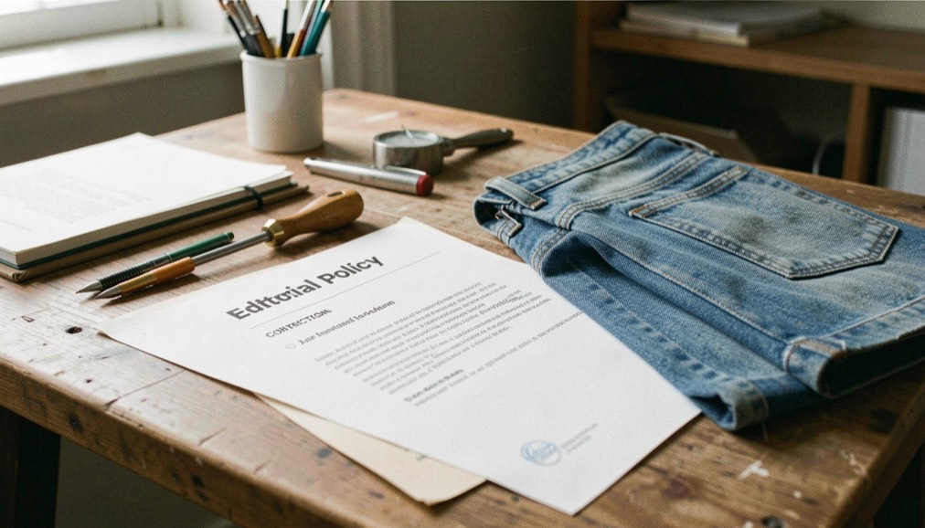 A tactile scene showing editorial policy and corrections through denim material, tools and a quiet work surface
