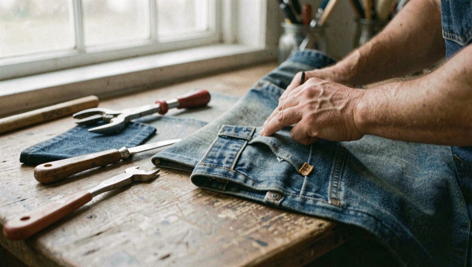 A tactile scene showing how fabric weight is measured through denim material, tools and a quiet work surface