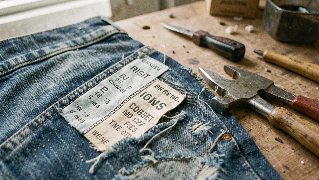 A tactile scene showing denim fibre-content labels in the eu and us through denim material, tools and a quiet work surface
