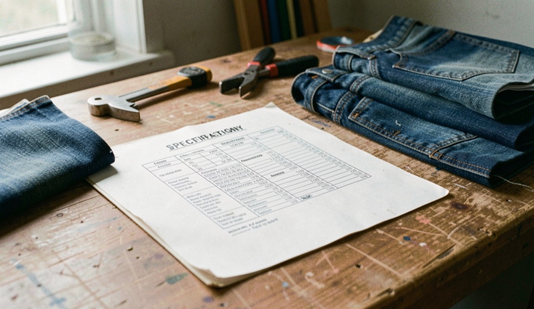 A tactile scene showing denim specification glossary through denim material, tools and a quiet work surface