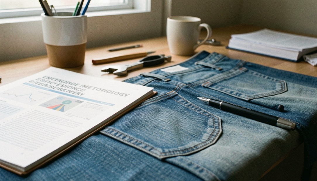 A tactile scene showing editorial and evidence methodology through denim material, tools and a quiet work surface