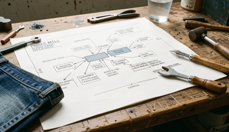 A tactile scene showing denim mill process map through denim material, tools and a quiet work surface