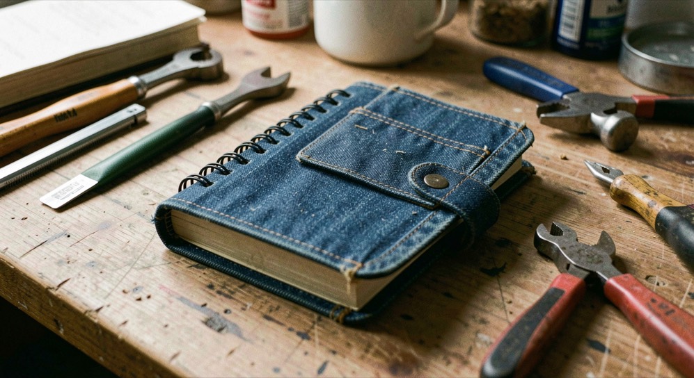 A tactile scene showing denim field notes notebook through denim material, tools and a quiet work surface