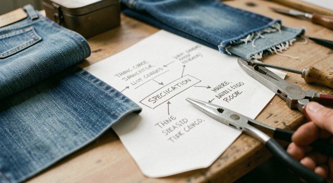 A tactile scene showing denim fabric types and specification paths through denim material, tools and a quiet work surface