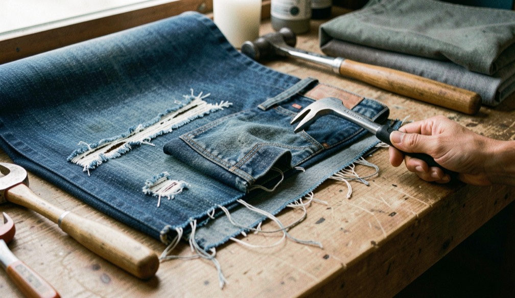 A tactile scene showing rsl, mrsl and wastewater in denim sourcing through denim material, tools and a quiet work surface