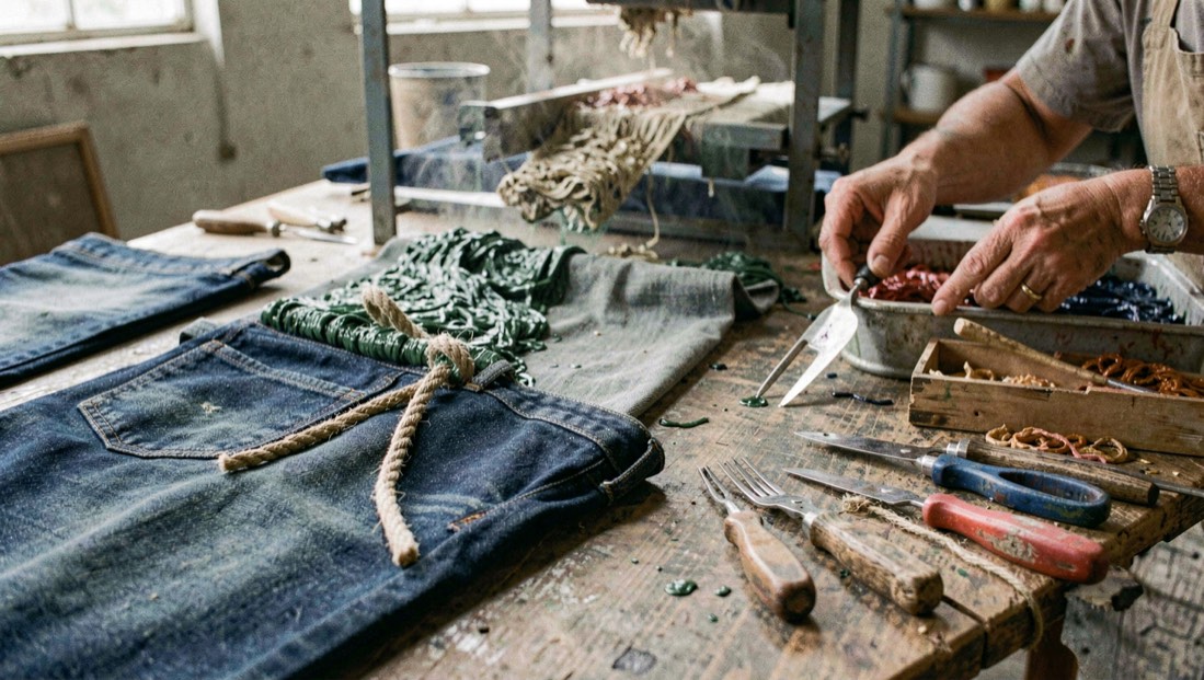 A tactile scene showing rope dyeing vs slasher dyeing through denim material, tools and a quiet work surface
