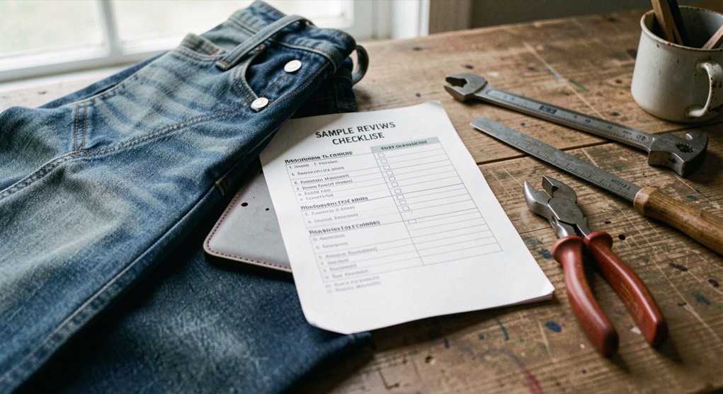 A tactile scene showing denim sample review checklist through denim material, tools and a quiet work surface