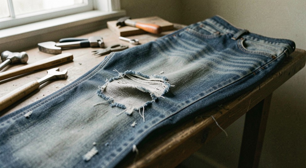 A tactile scene showing denim shrinkage, skew and garment torque through denim material, tools and a quiet work surface