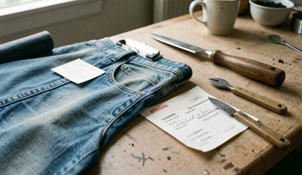 A tactile scene showing sources and standards register through denim material, tools and a quiet work surface