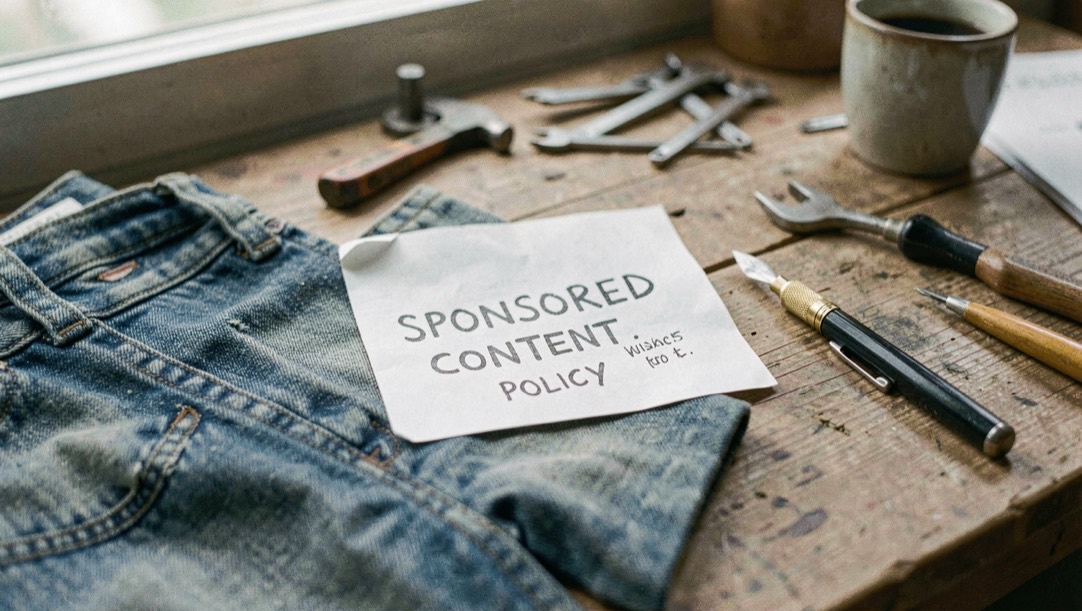 A tactile scene showing sponsored content policy through denim material, tools and a quiet work surface