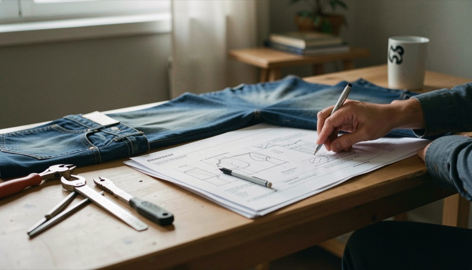 A tactile scene showing how to read a denim fabric tech pack through denim material, tools and a quiet work surface
