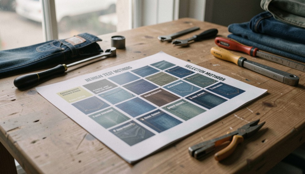 A tactile scene showing denim test methods: a selection matrix through denim material, tools and a quiet work surface