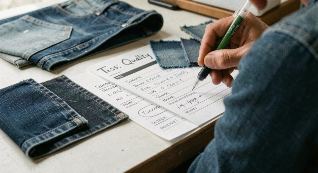 A tactile macro scene representing testing & quality across denim swatches
