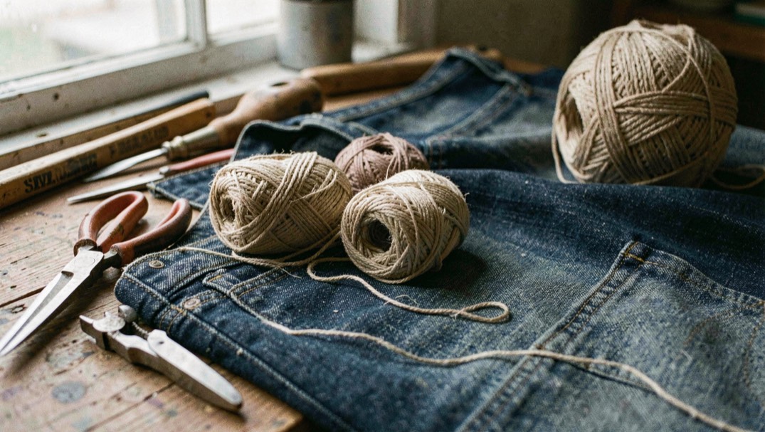A tactile scene showing ring-spun and open-end yarn in denim through denim material, tools and a quiet work surface